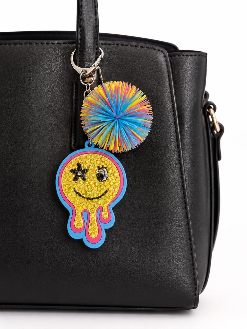 Claire’s Smiley Bag Charm Keychain + Colorful Pom Pom NWT